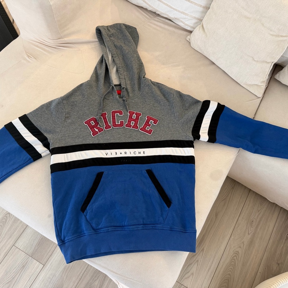 Men's Gray and Blue Hoodie Sweater - Large